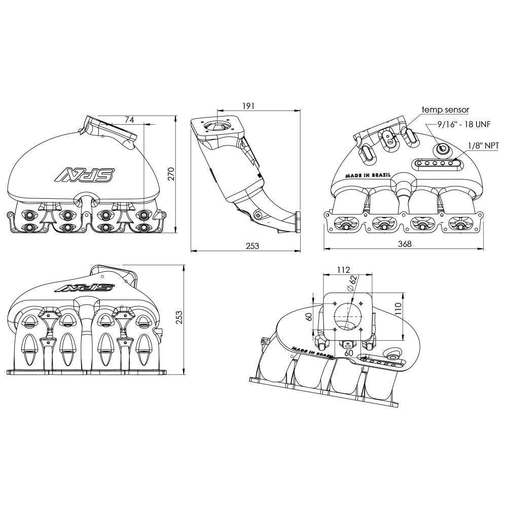 Cast Aluminum Intake Manifold for longitudinal VW/AUDI 1.8T with 8 injectors Fuel Rail Kit (OEM throttle) Black
