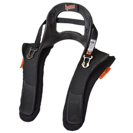 Hans HANS III head and neck restraint post anchors for youth, showing secure attachment points on a restraint device.