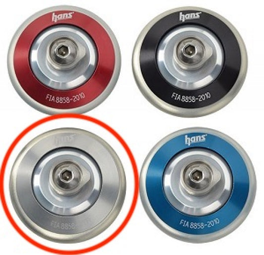 Hans Professional Post Clip Anchor SAH helmet attachment in red for head and neck restraints, shown attached to helmet.